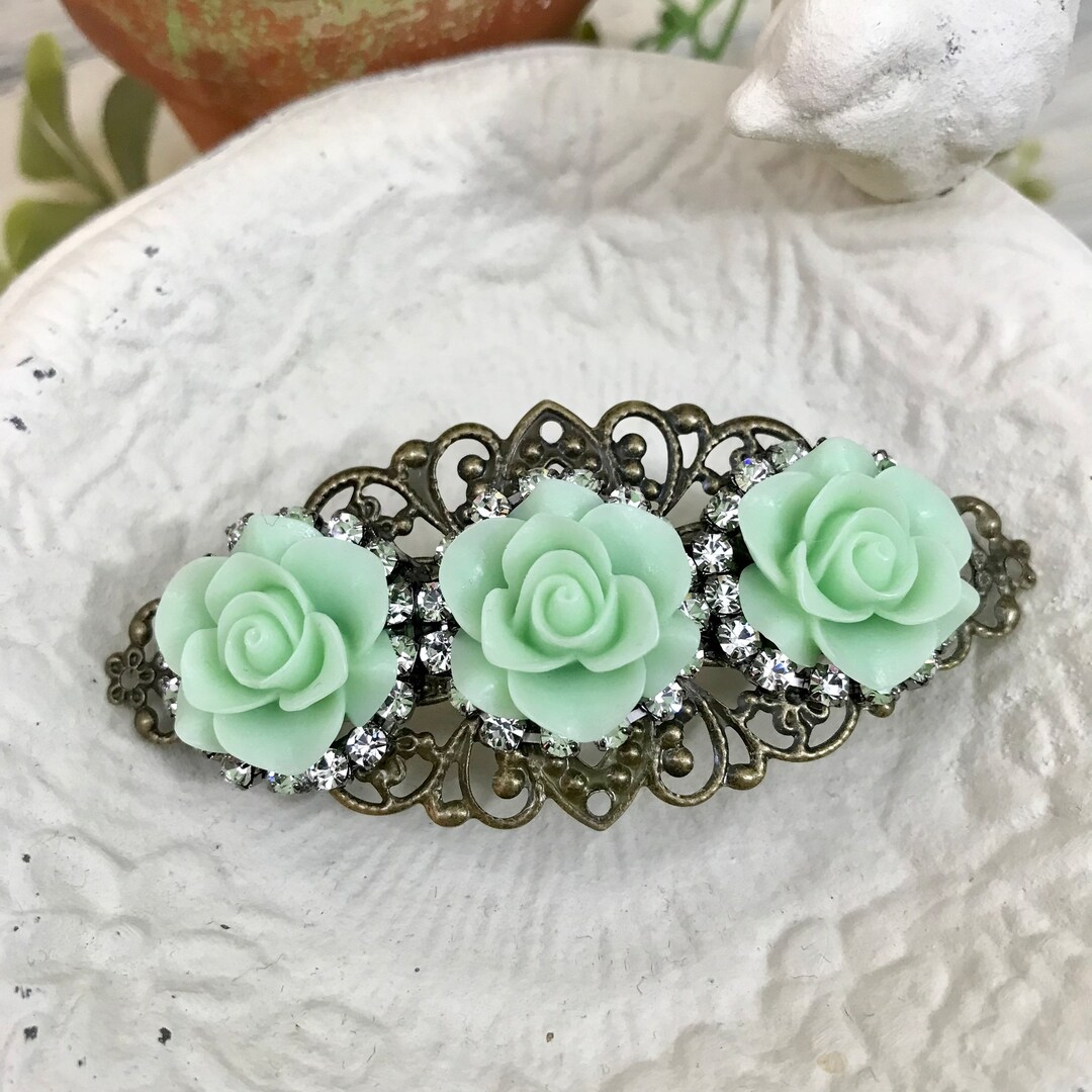 Spring Green Rose Flower Large Hair Barrette With Rhinestones, Pretty ...