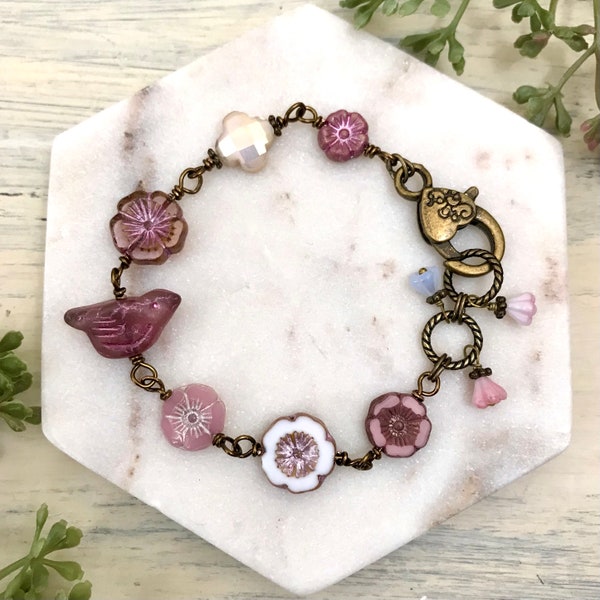 Sweet Pink Bird Czech Glass Women’s Beaded Bracelet, Chunky Bracelet, Vintage Style, Botanical Jewelry, Spring Birdie Jewelry, Gift for Her