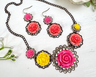 Vibrant Summer Flowers and Rhinestones Women’s Necklace and Earring Set, OOAK, Botanical, Floral, Vintage Style, Statement Jewelry, Prom