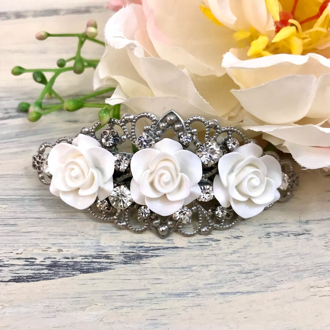 Cutout Crystal Embroidered Rose Side Barrette-White