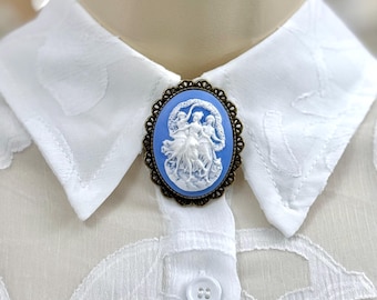 Three Muses Cameo Brooch: Delft Blue Resin, Vintage Style Pin