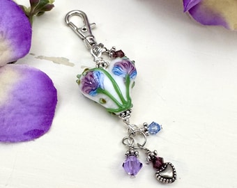 Big White Heart Zipper Pull Charm with Purple Floral Design, Heart Bag Clip, Backpack Charm, Lamp Work Glass Bead, Flower Purse Decoration