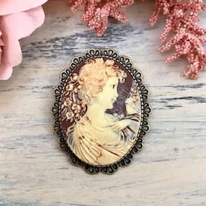 Classic Fancy Lady Cameo Brooch, Neutral Background, Goddess Brooch, Lapel Pin, Vintage Style, Reproduction Victorian Brooch, Antique Style