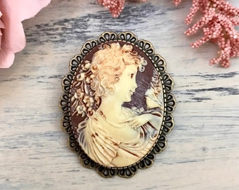 Classic Fancy Lady Cameo Brooch, Neutral Background, Goddess Brooch, Lapel Pin, Vintage Style, Reproduction Victorian Brooch, Antique Style