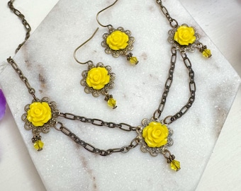 Bright Yellow Rose Women’s Necklace and Earring Set, Botanical, Floral, Vintage Style, Flower Jewelry, Wedding, Prom