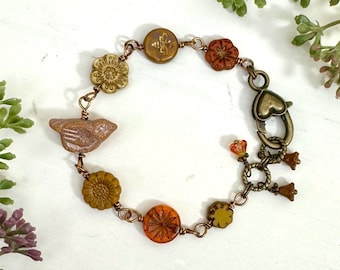 Autumn Bird and Flowers Czech Glass Women’s Beaded Bracelet, Fall Floral, Boho Style, Neutral, Botanical, Birdie Jewelry, Gift Ideas for Her
