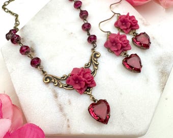 Magenta Rose Bouquet Necklace and Earring Set: Vintage Style Heart Floral Jewelry