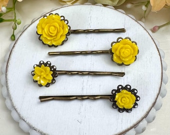 Pretty Bright Yellow Rose Floral Bobby Pins Set of 4, Flower Hair Accessories, Vintage Style, Fancy Hair Pins, Bridal, Bridesmaids, Prom