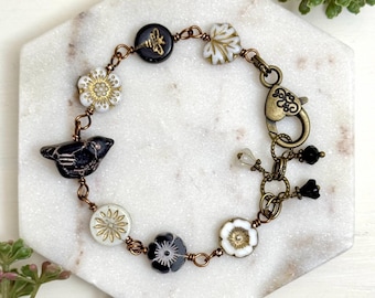 Black and White Beaded Bird Bracelet, Czech Pressed Glass, Raven, Botanical Jewelry, Vintage Boho Style, Bird Lover, Gift for Her
