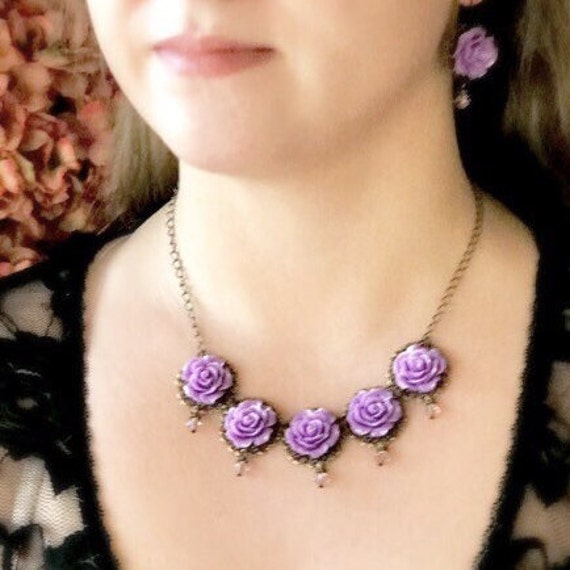Purple Rose Petal Necklace on Silver Chain