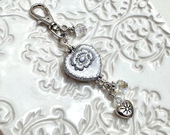Victorian Rose Silver Heart Zipper Pull, Czech Glass Heart Bead, Belt Bag Charm, Purse, Bag Clip, Backpack, Valentine Gift
