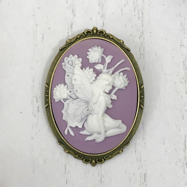 White Fairy with Light Purple Background Cameo Brooch, Botanical Jewelry, Lapel Pin, Classic Cameo, Vintage Style, Mystical Fairy Brooch