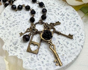 Lock and Key Charm Necklace, Sparkly Black Glass Beaded, Antiqued Metal, Vintage Style, Perfect Layering, Retro, Gift for Her