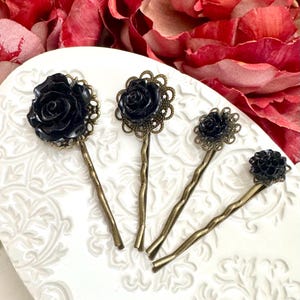 Pretty Black Rose Flower Bobby Pins Set of 4 Women’s Hair Accessories, Flowers, Floral, Vintage Style, Bridal, Bridesmaids, Prom