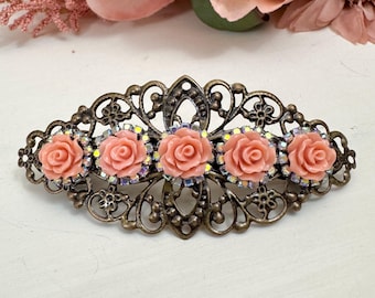 Dark Peach Rose Flower Large Hair Barrette with Rhinestones, French Barrette, Botanical, Big Hair Clip, Vintage Style, Prom Accessory