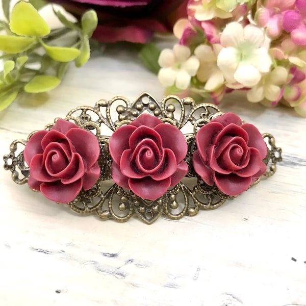 Burgundy Rose Flower Large Hair Barrette, Wine, Dark Red, Floral Barrette, Botanical, Vintage Style, Wedding Clip, Bridesmaid, Prom Hair