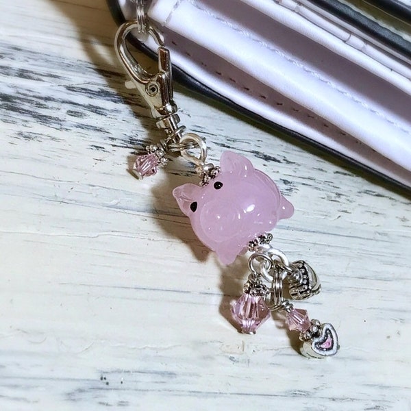 Pink Piggy Zipper Pull, Pig Charm, Animal Charm, Farm, Barnyard, Beaded Purse Pull, Bag Clip, Backpack Decoration