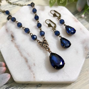 Navy Blue Sparkly Teardrop Women’s Necklace and Earring Set, Beaded Navy Pear Shaped Pendant, Vintage Style, Prom, Bridesmaid Jewelry