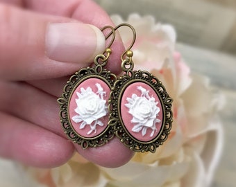 Rose Cameo Dangle Pierced Earrings, Vintage Style, Victorian Jewelry, Red, Black, White, Pink, Blue, Ready to Ship, Your Choice of Color