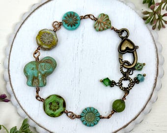 Teal Green Elephant and Flower Czech Glass Beaded Bracelet, Jungle Animal, Botanical, Lucky, Wisdom, Long Life, Prosperity