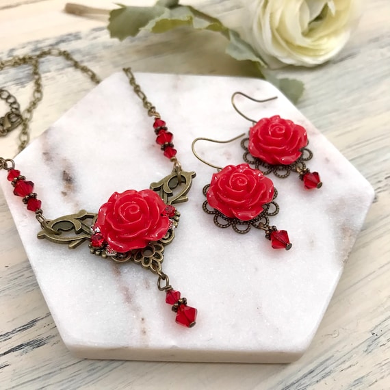 Vintage Style Red Rose Womens Necklace and Earring Set Wedding
