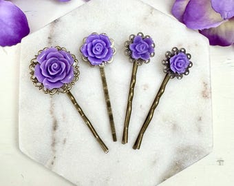 Pretty Purple Rose Flower Bobby Pins Set of 4 Women’s Hair Accessories, Flowers, Floral, Vintage Style, Bridal, Bridesmaids, Dance, Prom