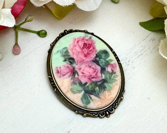 Pink Rose Bouquet Cameo Brooch, Spring Flowers, Big Floral Lapel Pin, Vintage Style, Classic Cameo, Statement Jewelry