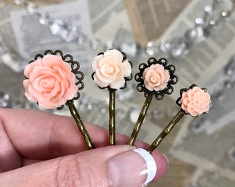 Pretty Light Peach Rose Flower Women’s Bobby Pins Set of 4, Floral Hair Accessories, Vintage Style, Hair Pins, Bridal, Bridesmaids, Prom