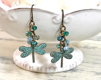 Patina Teal Green Dragonfly Women's Dangle Earrings, Aqua, Blue, Glass Beaded, Statement Earrings, Dragon Fly, Vintage Style, Gift for Her