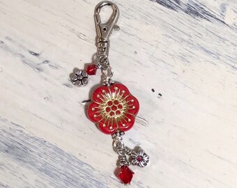 Big Red Flower Zipper Pull, Red Glass Flower Bead, Purse Pull, Bag Clip, Backpack Charm, Floral Zipper Charm, Flower Lover Gift