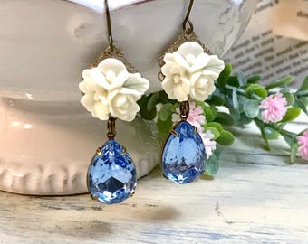Light Blue Teardrop with Cream Colored Floral Earrings, Women’s, Bouquet, Botanical, Dangle, Pear Shaped Jewelry, Vintage Style, Wedding