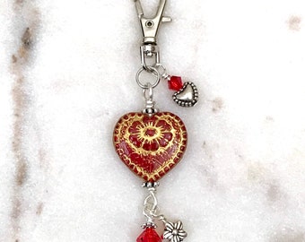 Victorian Rose Red Flower and Heart Zipper Pull, Love Always Wins, Glass Beaded, Purse Pull, Bag Clip, Backpack Charm, Gift for Her