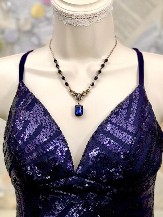 Elegant Navy Blue Women's Necklace and Earring Set, Dark