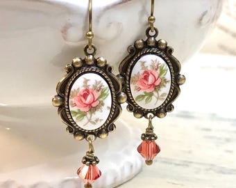 Pink Rose Cameo Earrings, Vintage Style, Floral Jewelry, Prom Earrings, Gift for Her