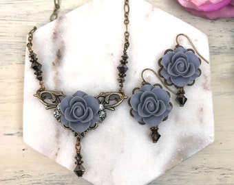 Silver Blue Rose Necklace Set, Blue Flower Earring and Necklace