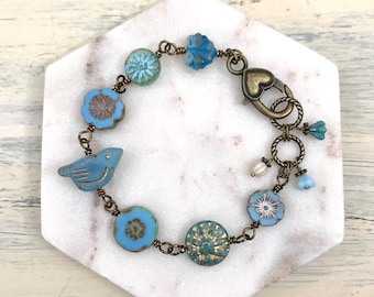 Light Blue Bird Czech Glass Women’s Beaded Bracelet, Chunky Bracelet, Vintage Style, Botanical Jewelry, Birdie, Gift for Her