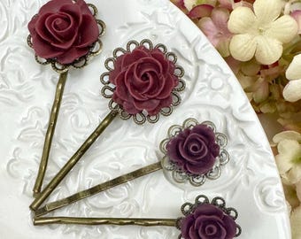 Pretty Burgundy and Plum Flower Bobby Pins Set of 4 Women’s Hair Accessories, Floral, Vintage Style, Hair Pins, Bridal, Dance, Prom