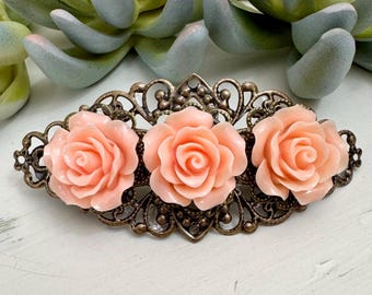 Light Peach Rose Flower Large Hair Barrette, French Barrette, Botanical, Big Hair Clip, Vintage Style, Wedding Guest, Prom Accessory