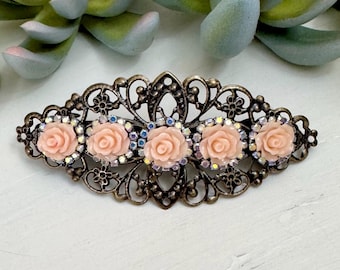 Light Peach Rose Flower Large Hair Barrette with Rhinestones, French Barrette, Botanical, Big Hair Clip, Vintage Style, Prom Accessory