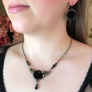 Vintage Style Black Rose Women’s Necklace and Earrings, Black Jewelry, Classic Style, Black Flower, Romantic Floral Jewelry, Gift for Her