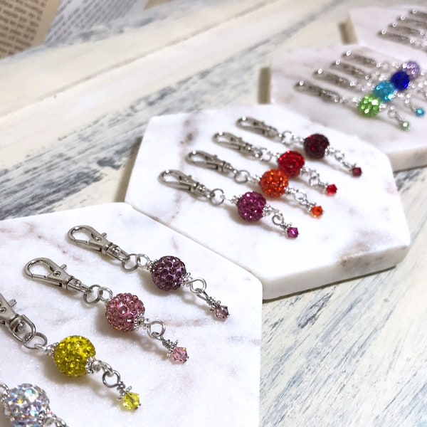 Sparkly Rhinestone Zipper Pull Charms, Disco Ball Charm, Purse Pulls, Zipper Charms, Bag Clip, Backpack Charms, Rainbow, You Choose Color