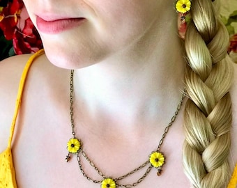 Sweet Sunflower Women’s Necklace and Earring Set, Yellow Jewelry, Romantic Jewelry, Vintage Inspired Jewelry, Summer Floral Jewelry