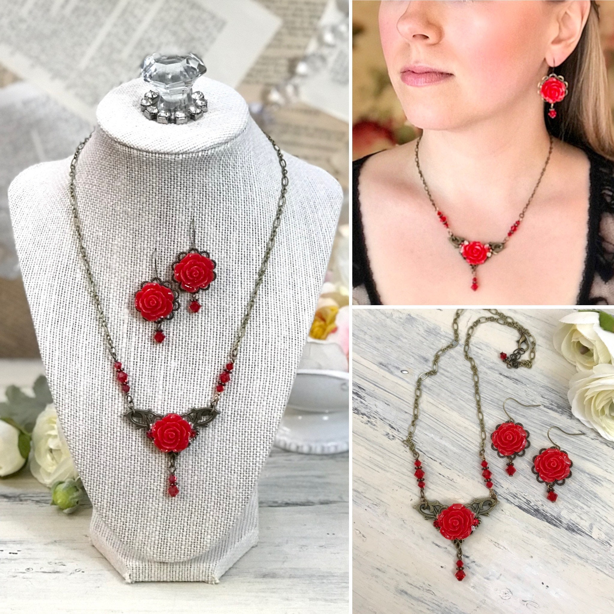 Red rose sale necklace and earrings