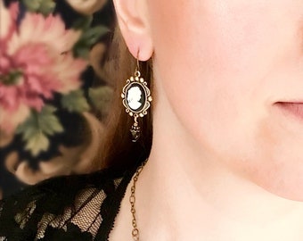 Sweet Cameo Earrings, Women’s Dangle Pierced Earrings, Vintage Style, Black, Pink, Blue, Classic Ponytail Girl Cameo, Your Choice of Color