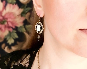 Sweet Cameo Earrings, Dangle Pierced Earrings, Vintage Style, Black, Pink, Blue, Green, Classic Ponytail Girl Cameo, Your Choice of Color