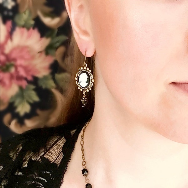 Sweet Cameo Earrings, Women’s Dangle Pierced Earrings, Vintage Style, Black, Pink, Blue, Classic Ponytail Girl Cameo, Your Choice of Color