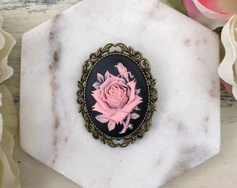 Large Pink Rose Cameo Brooch, Botanical Jewelry, Lapel Pin, Vintage Style, Classic Open Rose Cameo, Victorian Jewelry, Rose Lover