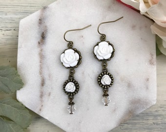 Pretty White Rose Long Women’s Dangle Earrings, Botanical, Vintage Style, Floral, Flower Jewelry, Bridal, Wedding, White Prom