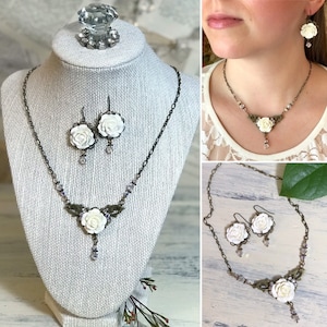 Vintage Style White Rose Women’s Necklace and Earrings, Statement Jewelry, White Flower, Wedding, Prom, Romantic Floral Jewelry