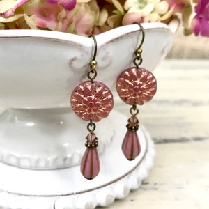 Dusty Pink Dalia Flower Earrings: Czech Glass Beaded, Boho Style